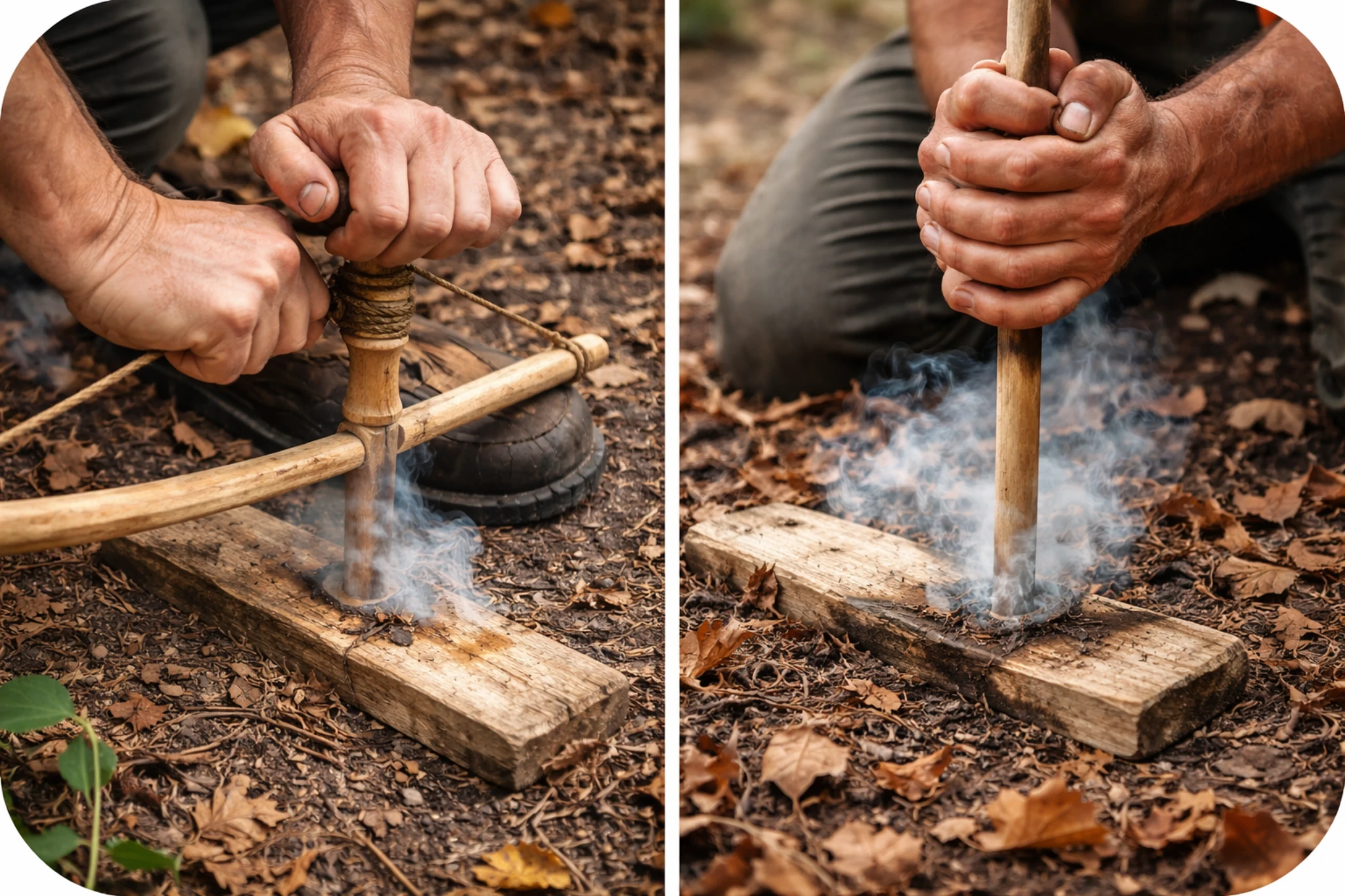 archet de feu par friction produisant une braise sur une planche en bois