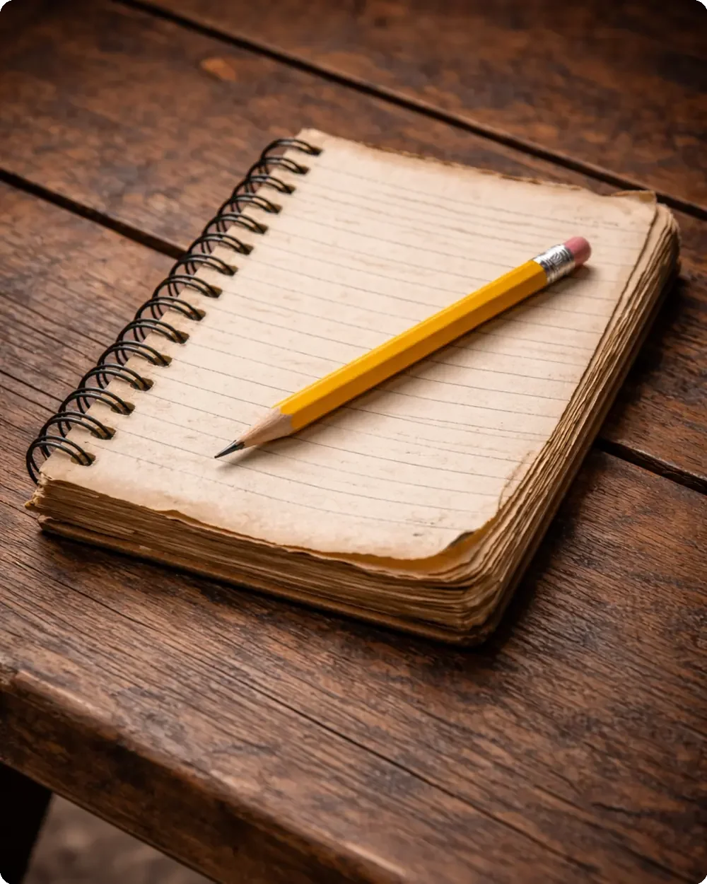 Carnet usé et crayon posés sur une table