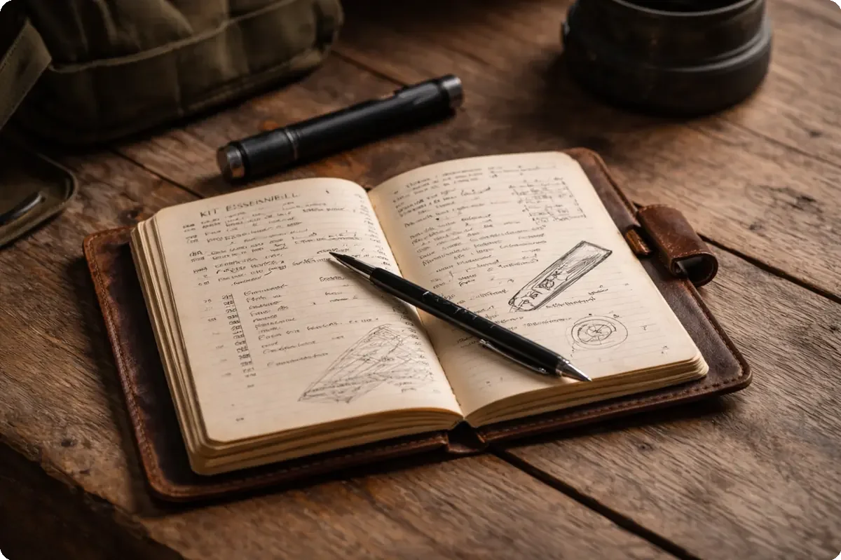 Carnet usé ouvert avec des notes manuscrites sur une table