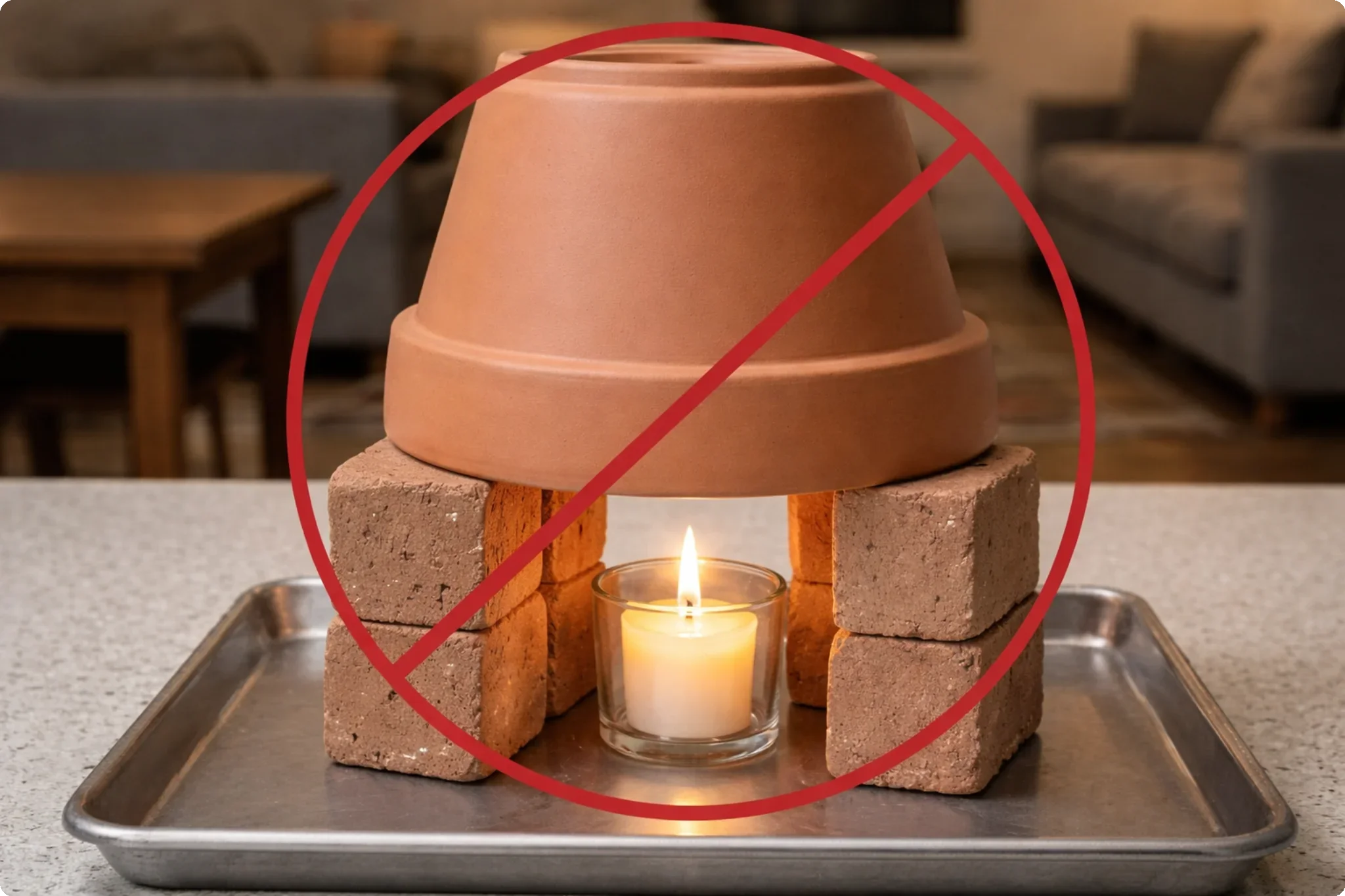 Montage avec un pot en terre cuite et une bougie utilisé comme chauffage d’appoint en intérieur, barré pour illustrer une fausse bonne idée