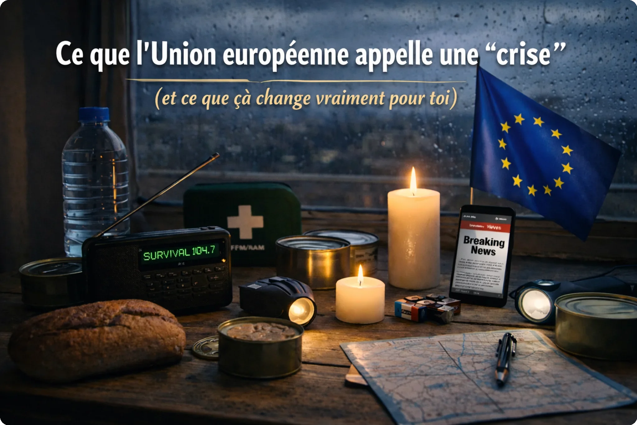 Drapeau de l’Union européenne avec matériel de préparation civile illustrant l’autonomie de 72 heures en cas de crise