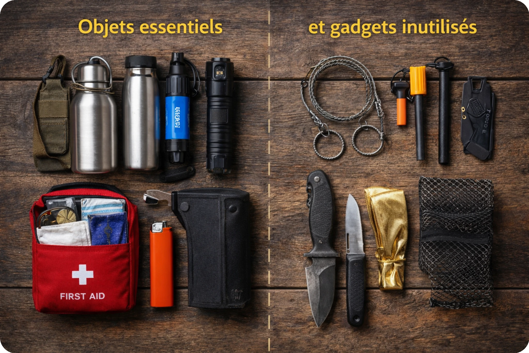 objets essentiels et gadgets dans un kit d’urgence