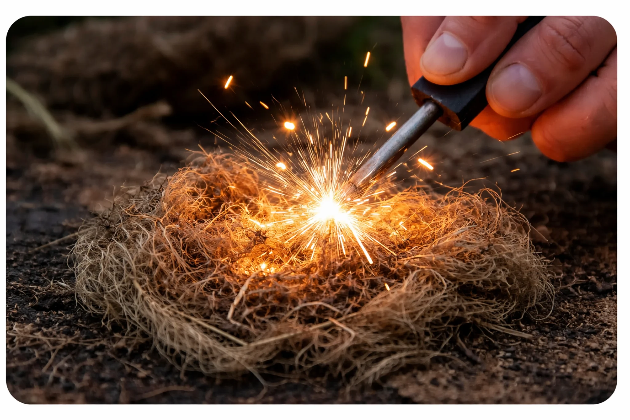 étincelles d’un ferro rod au-dessus d’un amadou naturel préparé