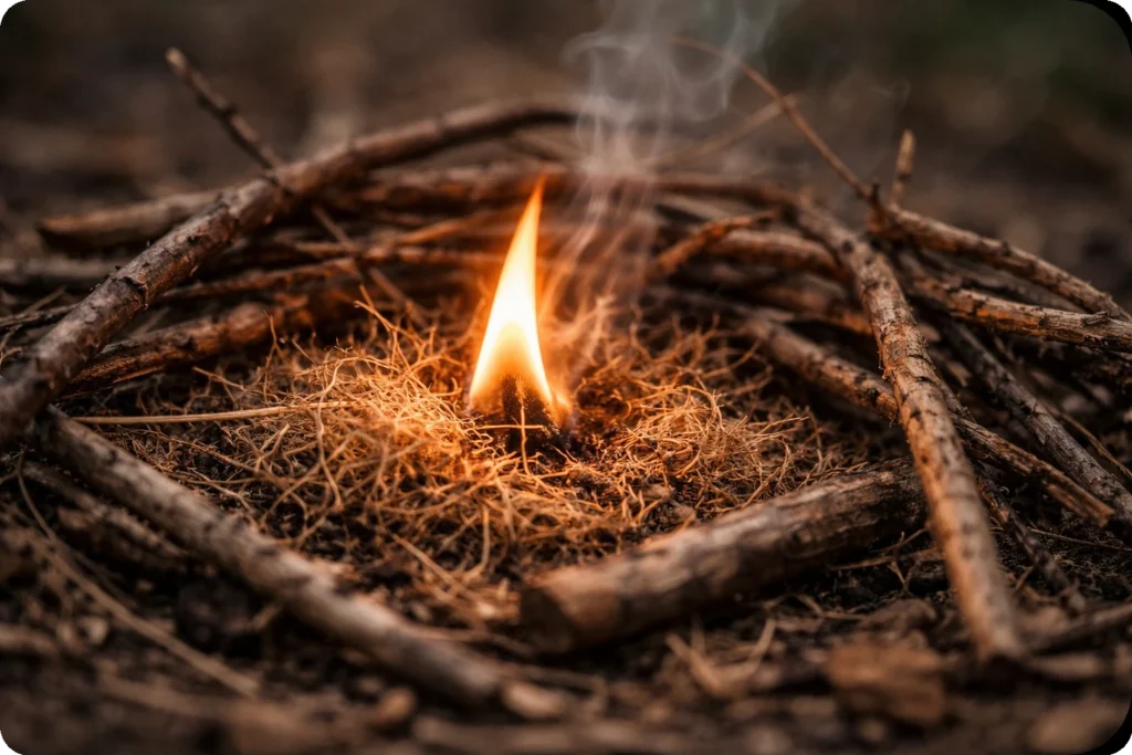 petite flamme fragile entourée de brindilles