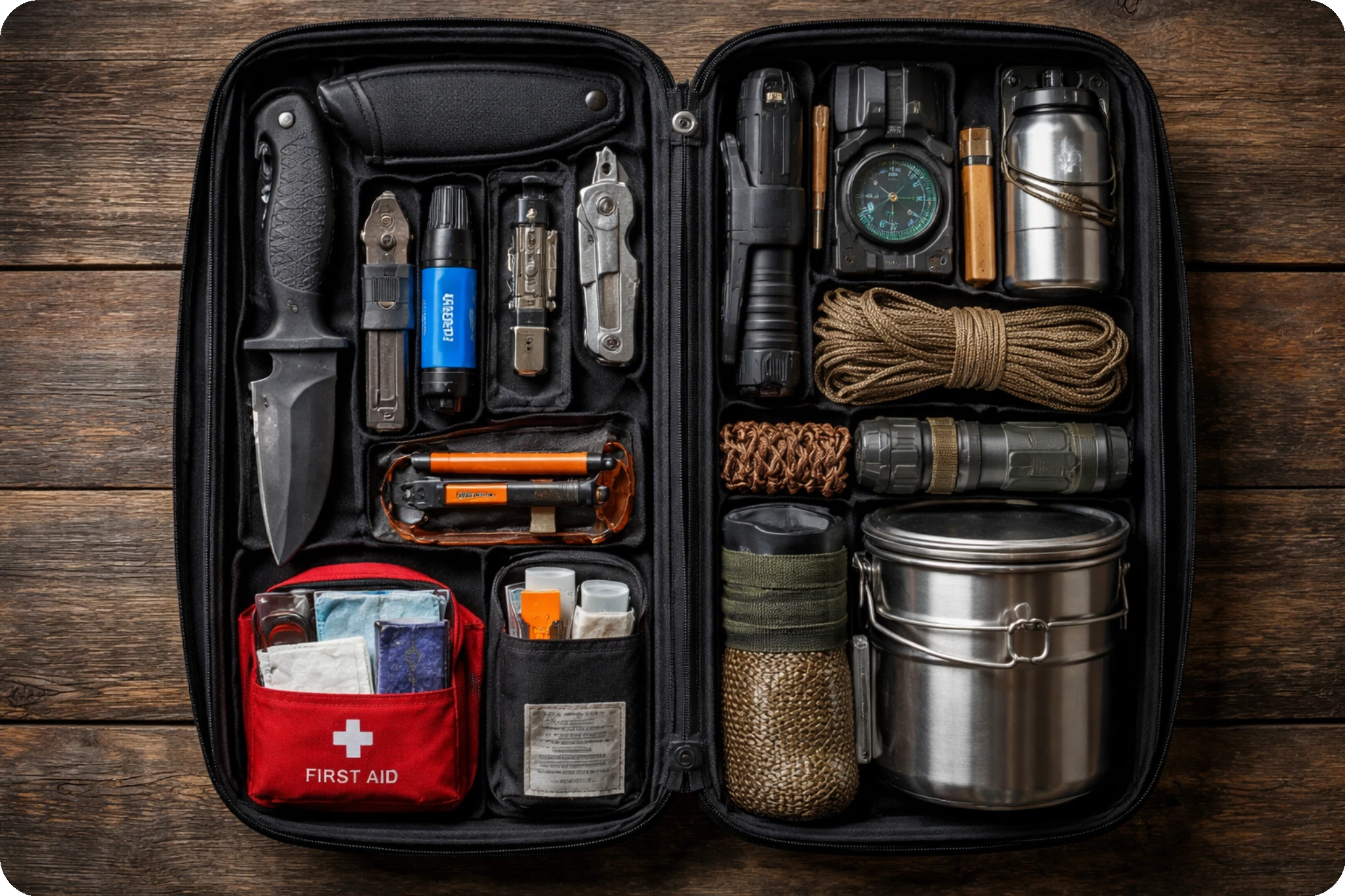 Kit de survie haut de gamme ouvert avec objets alignés.