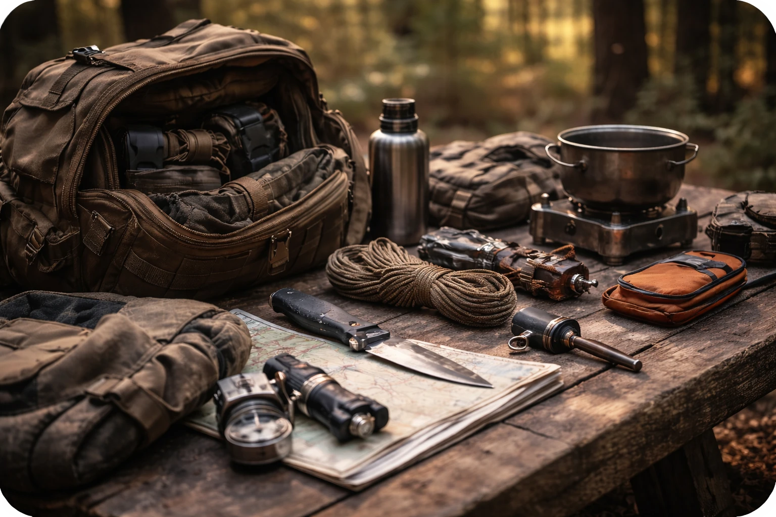équipement de survie organisé sur une table avec sac ouvert