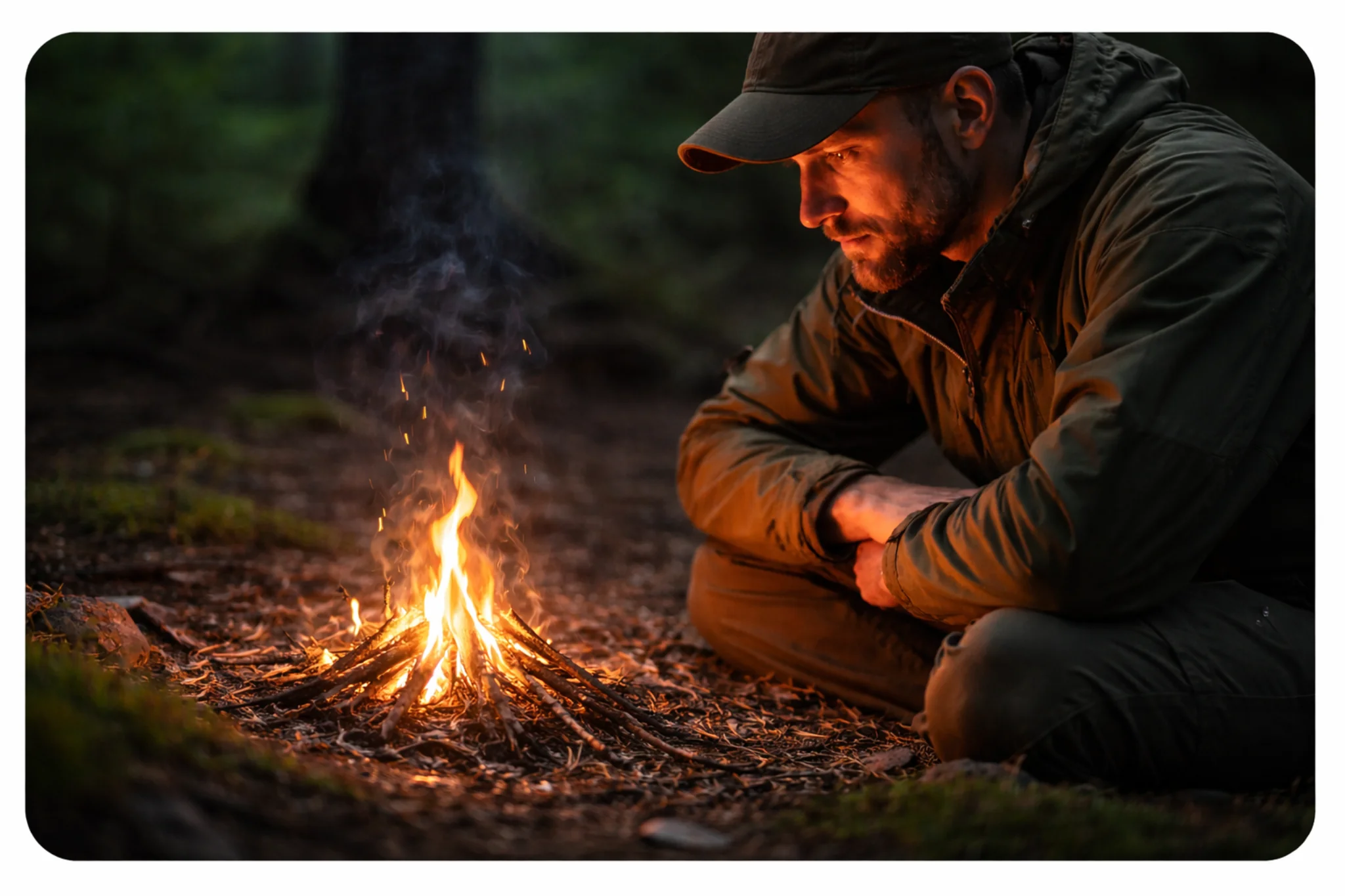 personne observant un feu naissant dans un environnement naturel