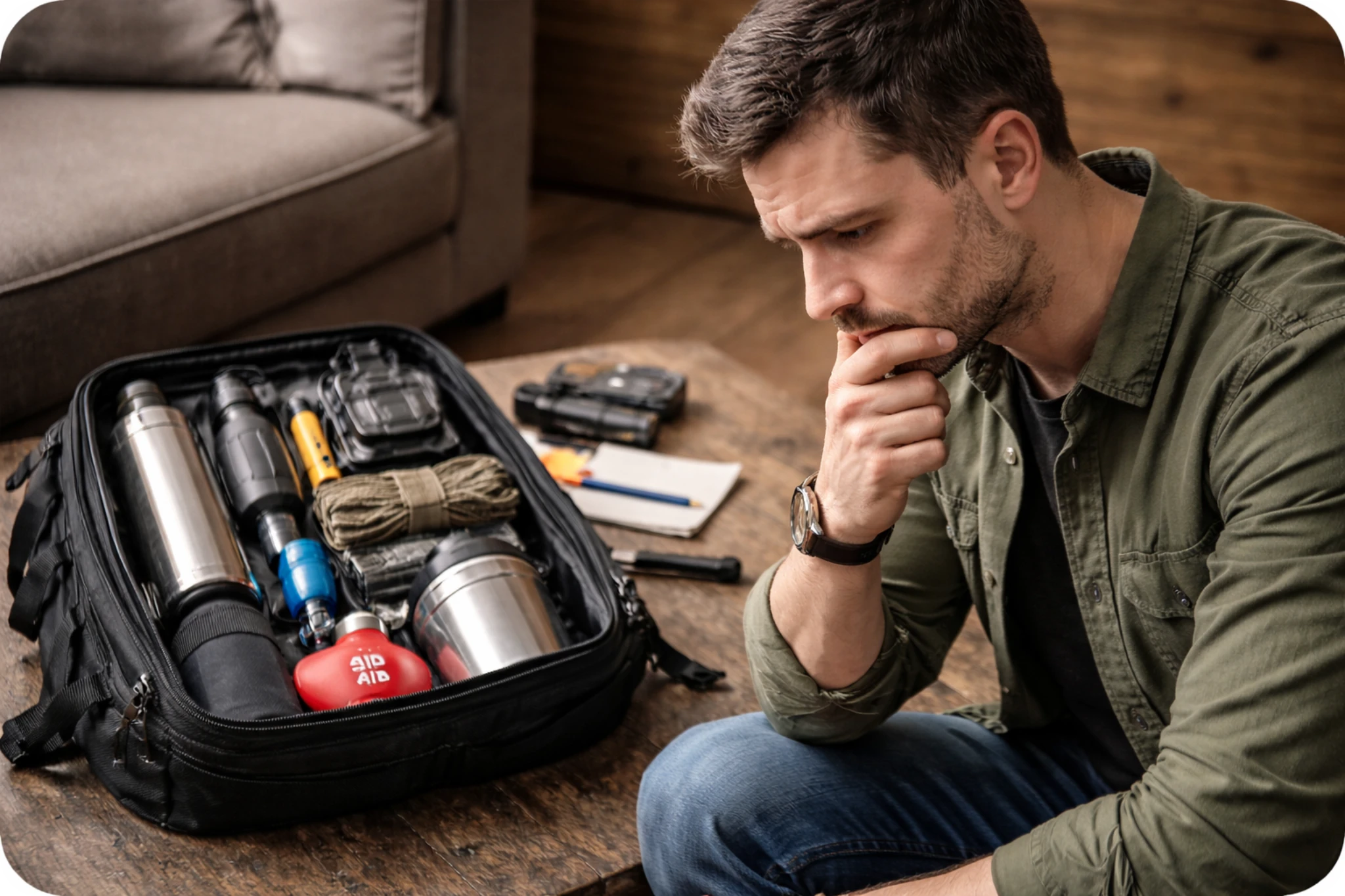 personne observant un kit d’urgence ouvert avec hésitation