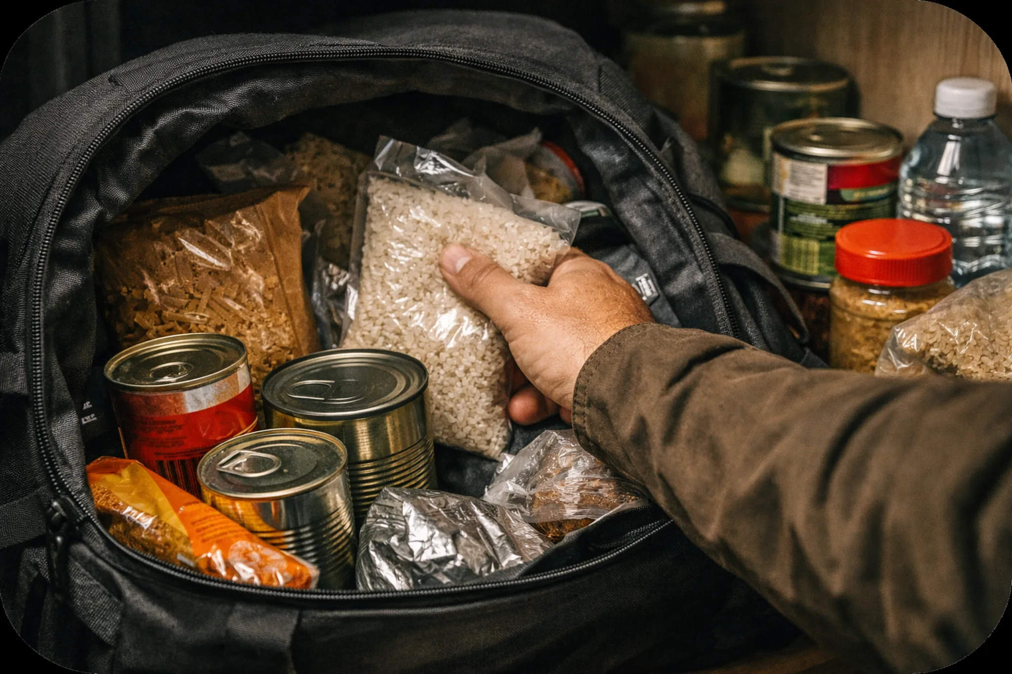 main fouillant un sac de survie trop rempli avec nourriture et objets mal organisés
