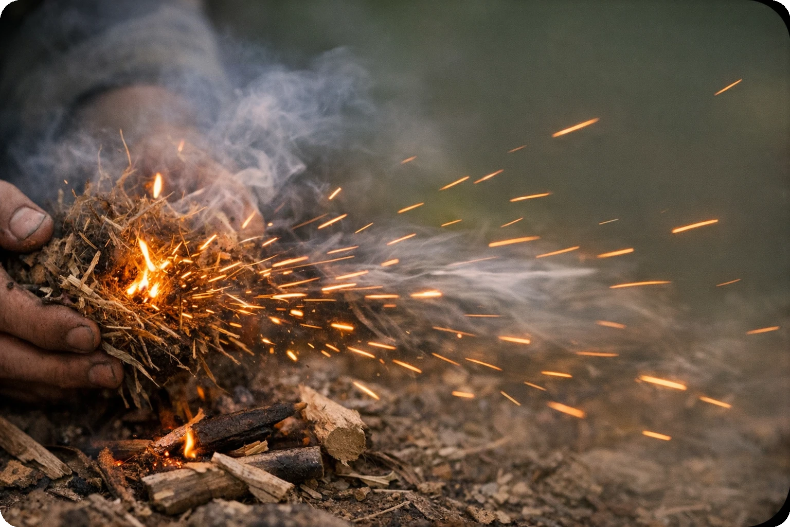 étincelles dispersées par le vent lors d’un allumage de feu