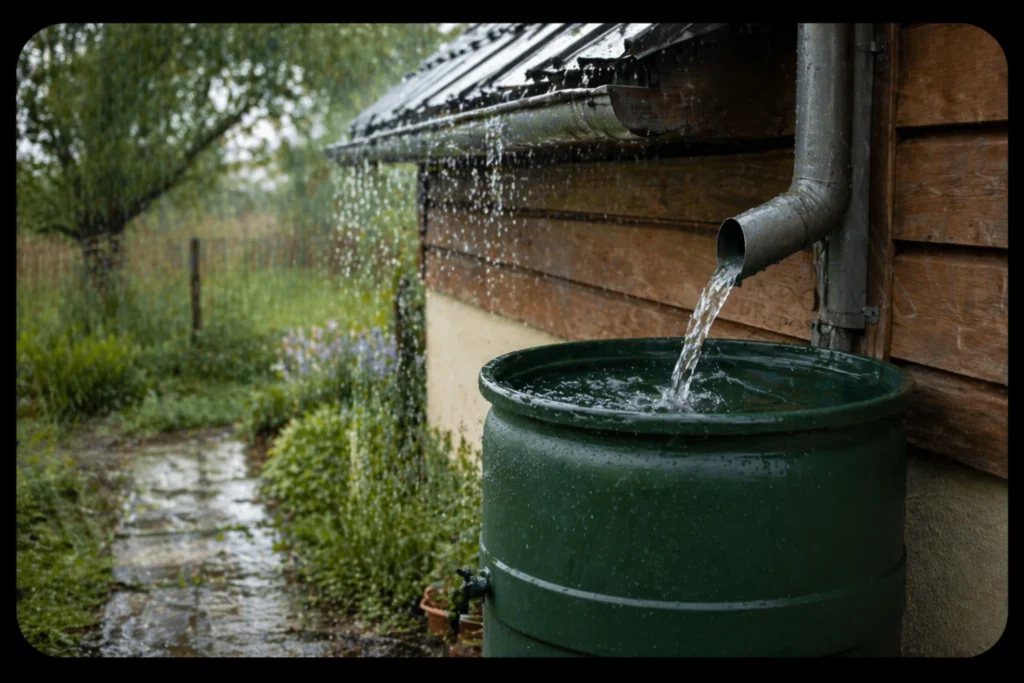 eau de pluie qui coule d’une gouttière vers une cuve de récupération extérieure