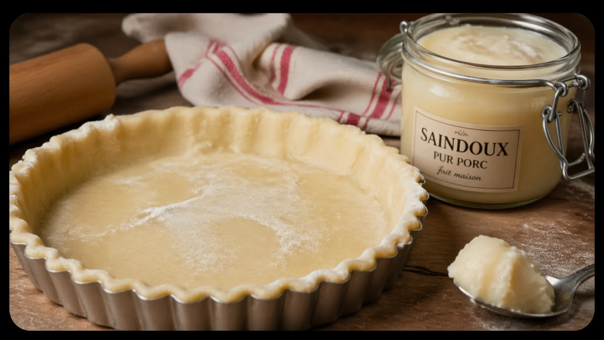 pâte à tarte crue avec saindoux en pot et cuillère de graisse visible