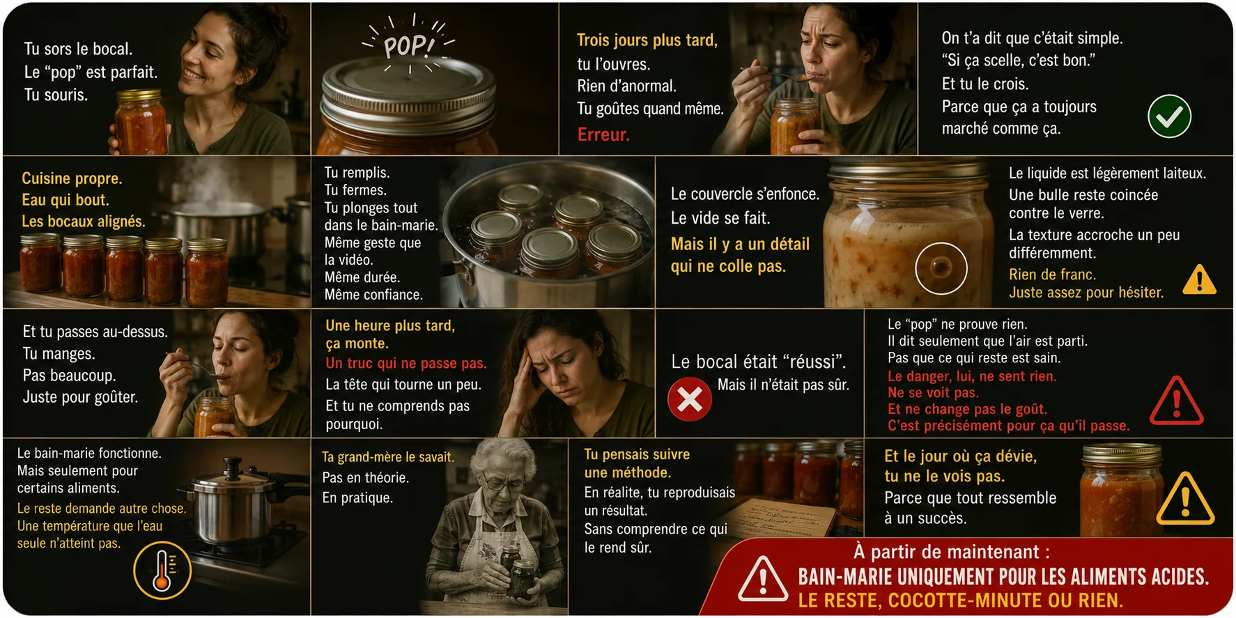 Bocal de conserve maison avec couvercle scellé — risque botulisme bain-marie