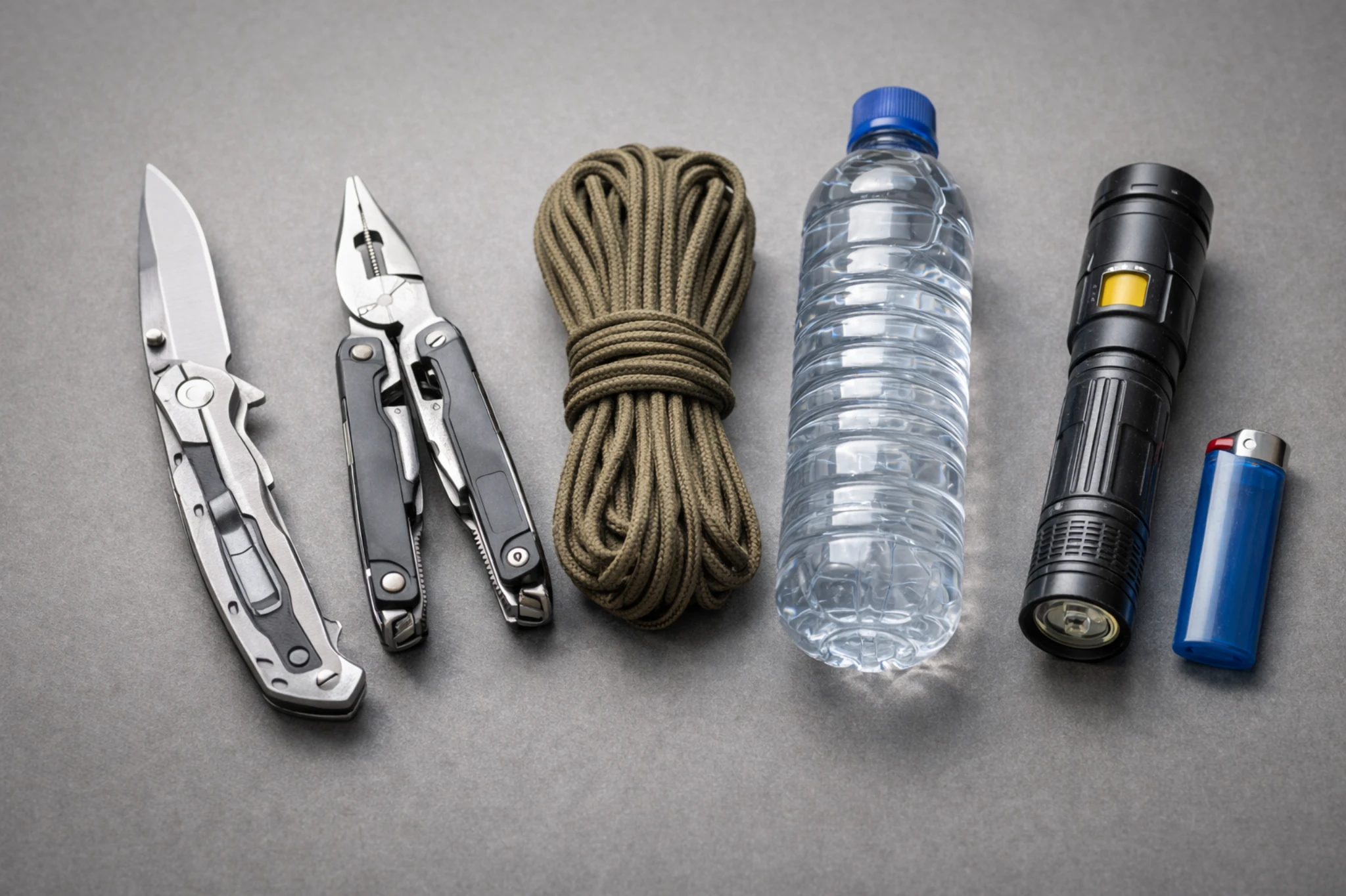 objets de survie simples et polyvalents posés sur une surface neutre
