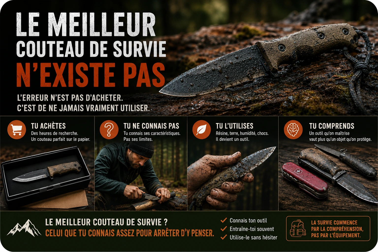 Couteau de survie terrain avec traces d’usure et humidité