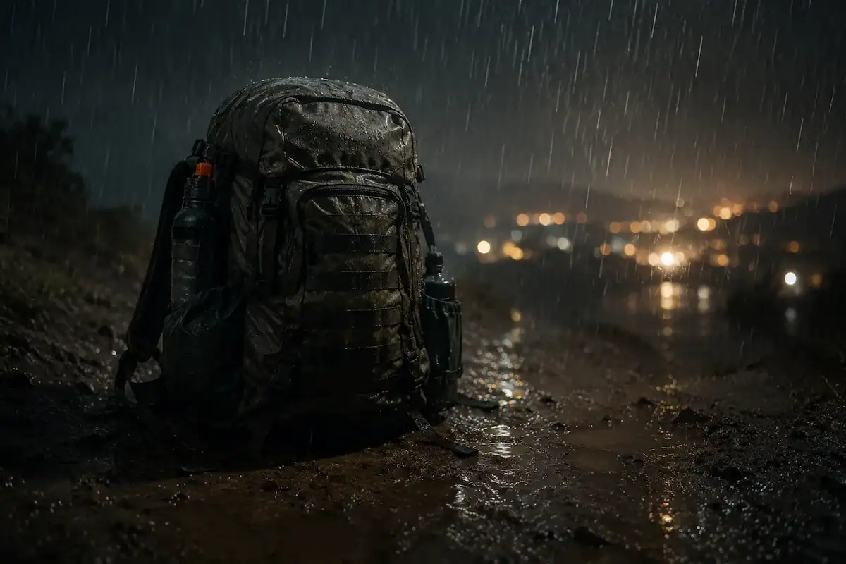 Sac d'évacuation 72h posé sur terrain boueux sous pluie battante de nuit