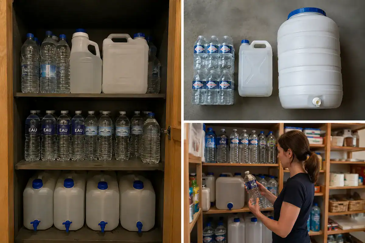 Bidons d'eau alignés dans un placard organisé pour une réserve d'eau potable par personne en urgence