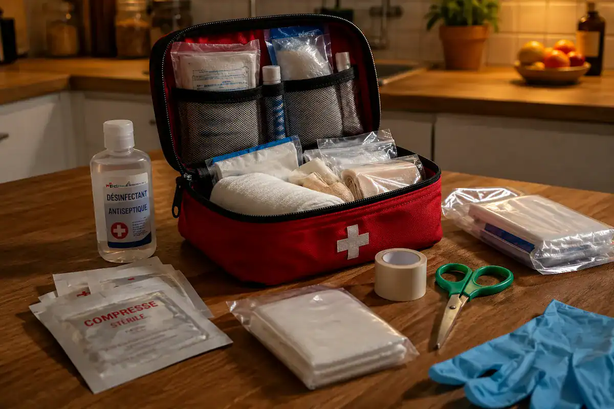Trousse médicale d'urgence ouverte avec pansements, compresses et désinfectant sur table