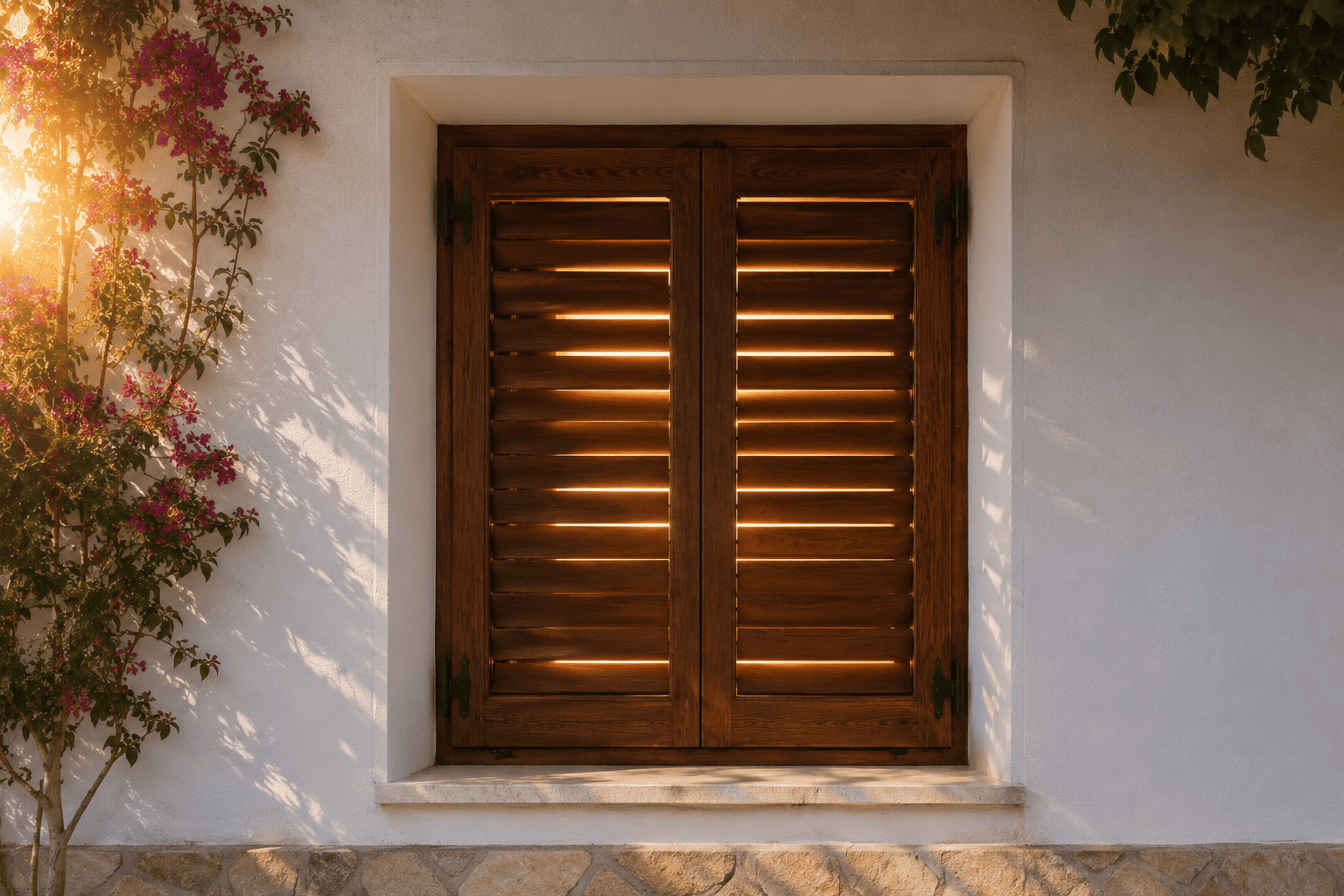 Volets en bois fermés sur une fenêtre méditerranéenne pour bloquer la chaleur du soleil en été